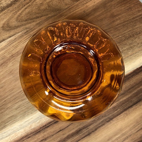 Vintage Squat Amber Glass Vase Ribbed Sides 4 1/2" tall x 5" wide Hand Blown - Picture 6 of 6